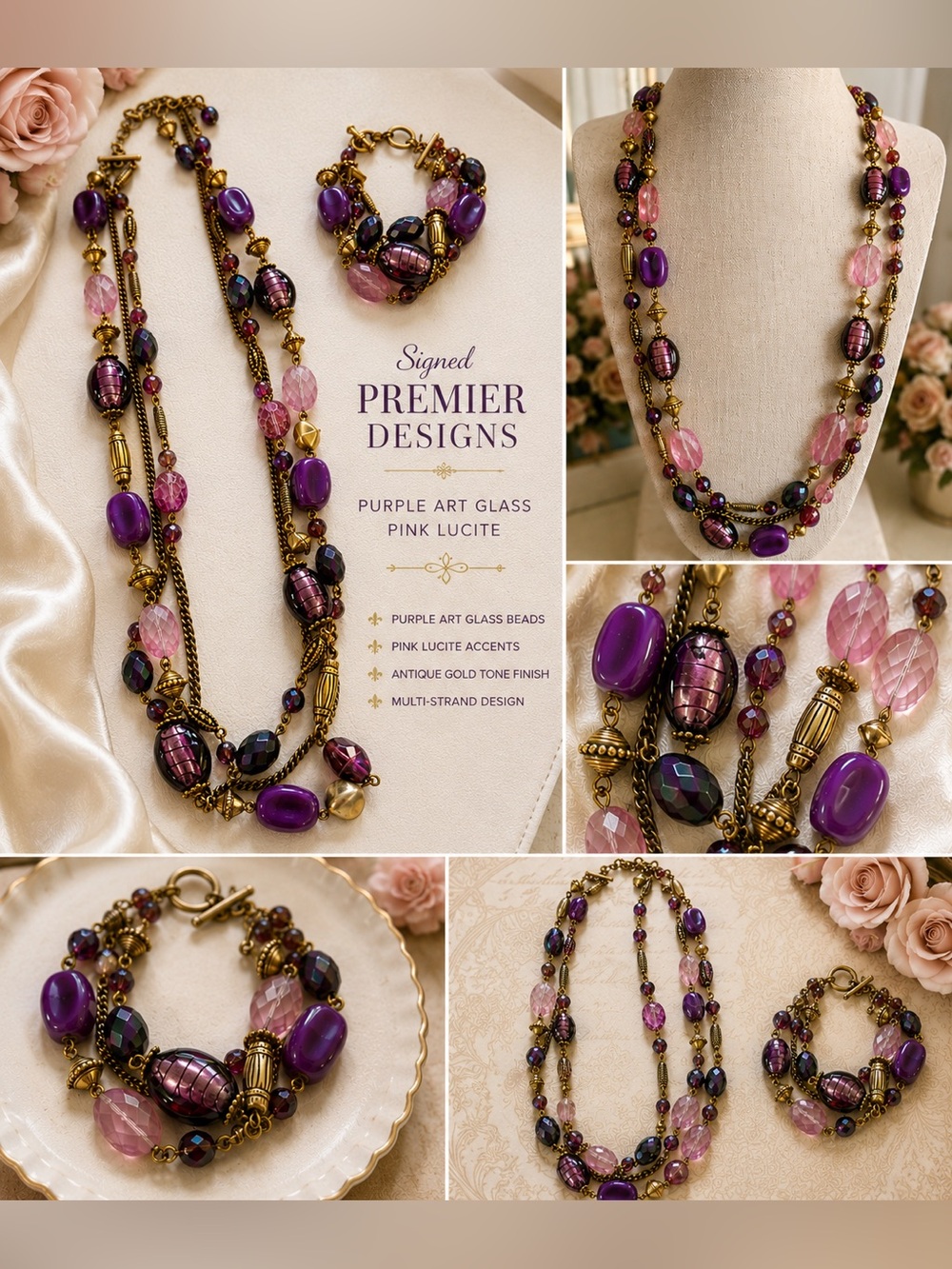 Premier Designs Purple & Pink Multi-Strand Beaded Necklace and Bracelet